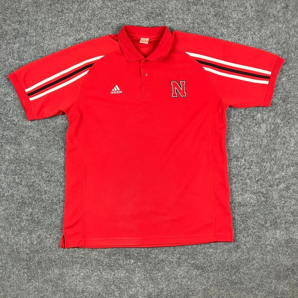 Adidas Polo Mens L Red‎ Nebraska Cornhuskers NCAA Logo Short Sleeve Athletic